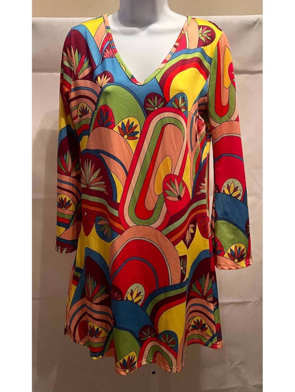 Fun Girl PL M Psychedelic Mod Mini Dress Retro 60s 70s Print Stretch